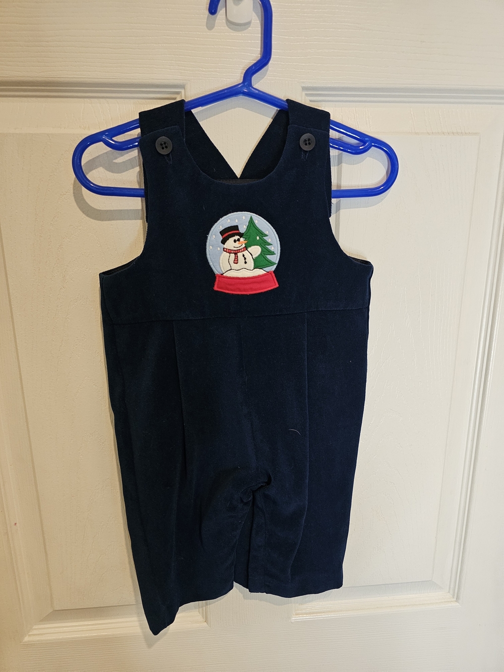 Kids Navy Velvetine Overalls With Snowman Snowglobe Patch.